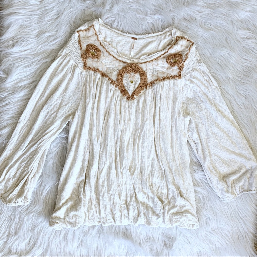 Free People Crochet Lace Linen Knit Boho Top